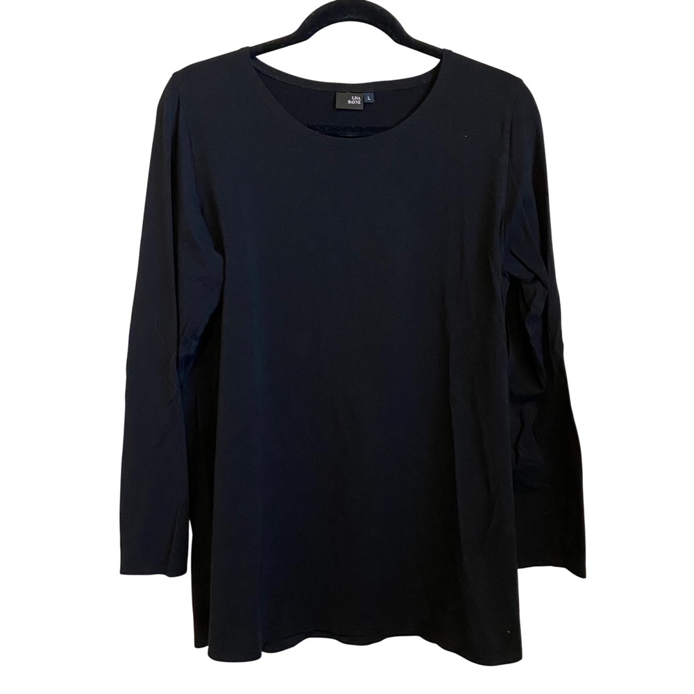 Lisa Bayne Black Bamboo Cotton Blend Long Sleeve Crew Neck Top Large Made in USA